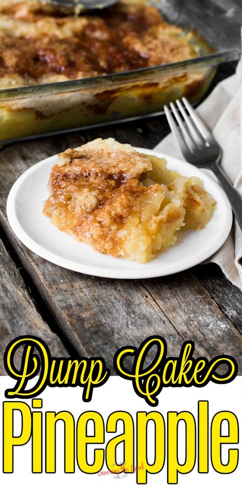 Pineapple dump cake uses a box of cake mix, canned pineapple, butter and a bit of brown sugar baked in one pan for an easy dessert that is a crowd-pleaser. Pineapple Upside Down Cake With Cake Mix Boxes, Crushed Pineapple Dump Cake, Cake Mix Pineapple Cake, Canned Fruit Mix Recipes, Dessert With Canned Pineapple, Pineapple Dump Cake Easy, Easy Pineapple Dump Cake Recipes, Pineapple Cake Using Box Cake, Deserts With Cake Mix Dessert Recipes