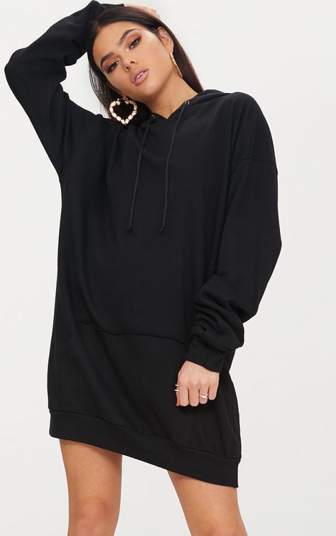 Black Oversized Hoodie Dress Hoodie Dress Outfit, Black Hoodie Outfit, Long Hoodie Dress, Oversized Hoodie Outfit, Black Hoodie Dress, Oversized Hoodie Dress, Shein Basics, Hoodie Dresses, Easter Dresses For Toddlers