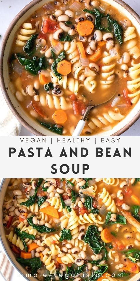 Pasta and Bean Soup with kale is an easy, 1 pot, hearty soup recipe to enjoy all year round. Change up the beans and greens to suit your taste. #healthyrecipes #veganrecipes #cleaneating #soup #kale #plantbased Veggie Soup With Pasta, Vegetarian Creamy Soup, Vegan Crockpot Soup, Bean And Barley Soup, Vegetable Bean Soup, Recipe With Beans, Bean Soup With Kale, Soup Kale, Soup Recipes Easy