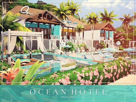 sims 4 lot download // Pralinesims' Ocean Hotel Sims 4 Beach House, The Sims 4 Lots, Beach Mansion, Sims 4 House Plans, The Sims 4 Packs, Beach House Art, Casas The Sims 4, Sims Building, Sims House Design