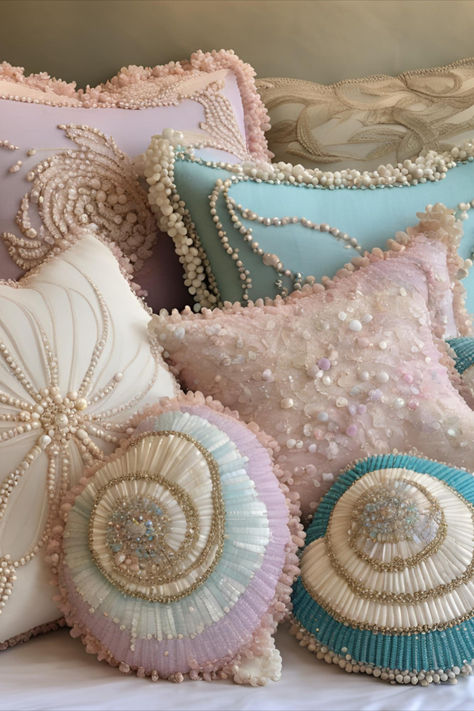 seashell Pillows, Beach Pillows, Summer Home Decor, beach house decor Shell Bedroom Decor, Sea Shells Room Decor, Sea Shell Bedroom, Pink Girly Room Aesthetic, Sea Shell Bed, Clam Bed, Pink Beach Room, Seashell Bedroom, Seashell Bed