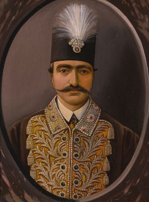 A portrait of Nasir al-Din Shah (r.1848-96), Persia, Qajar, 19th century oil on canvas, framed painting: 47 by 34.5cm. framed: 54.5 by 42cm. Qajar Dynasty, Persian Painting, Pakistan Art, Iran Pictures, Persian Art Painting, Persian Miniature, Persian Culture, Iranian Art, Watercolor Painting Techniques