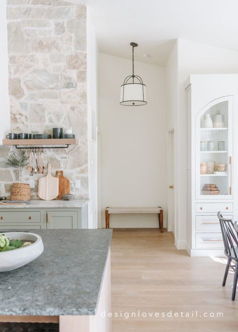 Remodel Project: Kitchen/Dining Room Reveal! – Design Loves Detail Stone Wall In Dining Room, Stone Wall Kitchen Backsplash, Stone Arch Kitchen, Cobblestone Backsplash, Stone Wall Dining Room, Kitchen With Stone Wall, Stone Wall In Kitchen, Limestone Backsplash Kitchen, Stone In Kitchen