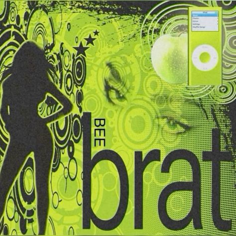 Trashy Y2k Poster, Brat Green Aesthetic, Frutiger Metro Rave, Brat Graphic Design, Early 2000s Poster, 2000s Design Graphic, Brat Background, Frutiger Metro Aesthetic, Dark Frutiger Aero