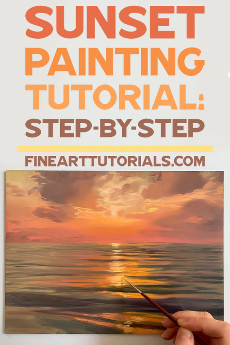 Watch this step-by-step sunset painting tutorial with oil paints. Learn how to mix the paints, then layer the oils to create this beautiful ocean scene. #OilPainting #SunsetPainting #PaintingTutorial #Art #ArtTutorial #ArtisticJourney #ArtTips #ArtMasterclass #OilPaintingTutorials #SeascapePainting #Painting #OilPainter How To Paint Ocean Sunset, Oil Painting Tutorials Step By Step, Sunset Art Painting Easy, Sunset Seascape Painting, How To Paint Water With Acrylic Step By Step, Sunset Acrylic Painting Tutorials, How To Paint A Sunset, Sunrise Painting Simple, Sunset Painting Tutorial