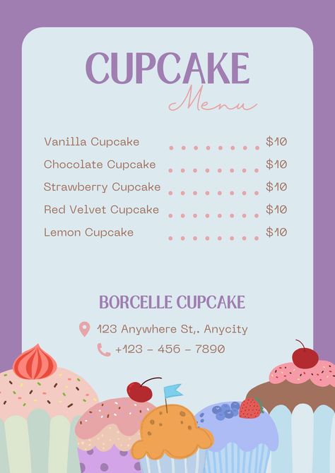 FREE Canva Template for Cupcake Menu Cake Price List Design Templates Free, Cupcake Menu Design, Cake Price List, Catering Menu Design, Cupcake Prices, Price List Design, Design Catalog, Purple Cute, Menu List