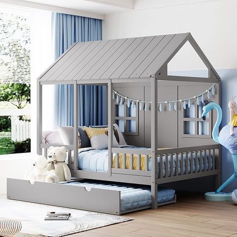 Amazon.com: Full House Bed with Trundle, House Bed for Kids, Wooden Platform Bed Frame with Headboard and Roof, for Girls Boys (Full Size, Gray) : Home & Kitchen Full Size House Bed, Shaped House, Trundle Bed With Storage, House Beds For Kids, Play Place, Wooden Daybed, Wooden Platform Bed, Fun House, Daybed With Trundle