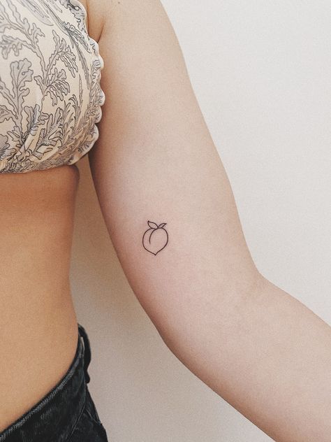 Cute Small Peach Tattoo, Matching Peach Tattoo, Peach Fruit Tattoo, Minimalist Fruit Tattoo, Minimal Fruit Tattoo, Mini Peach Tattoo, Peach Tattoo Fine Line, Minimalist Peach Tattoo, Peach Line Tattoo