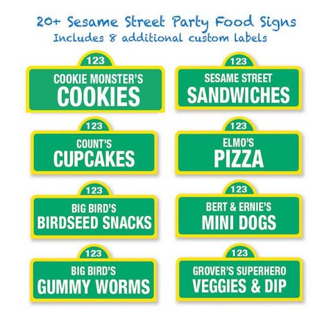 Sesame Street Food Sign Sesame Street Food, Sesame Street Birthday Party Ideas Boy, Elmo Birthday Party Boy, Party Food Signs, Sesame Street Signs, Cookie Monster Party, Cookie Monster Birthday, Elmo Sesame Street, Elmo Birthday Party