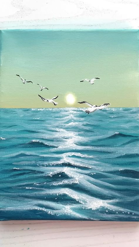 Acrylic Ocean, Ocean Art Painting, Canvas Painting For Beginners, Waves Painting, Ocean Waves Painting, Beach Art Painting, Sky Art Painting, Water Surface, Canvas Painting Tutorials