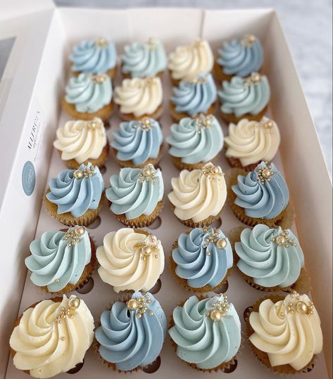 We Can Barely Wait Cupcakes, Baby Shower Dessert Ideas For Boys, Baby Boy Cupcakes Shower Diy, Blue Desserts For Baby Shower Boys, Dusty Blue Baby Shower Cake, Cupcake Baby Shower Boy, Baby Shower Baked Goods, Baby Boy Shower Desserts, Dusty Blue Cupcakes