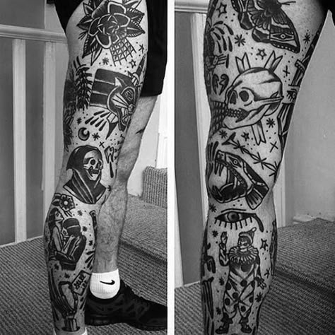 50 Traditional Leg Tattoos For Men - Old School Design Ideas American Traditional Tattoos Black And White Men, Traditional Tattoos Leg, Traditional Tattoo Leg Sleeve, Old School Tattoo Sleeve, Black And White Traditional, Traditional Tattoo Man, Tattoos Leg, Traditional Black Tattoo, Shin Tattoo