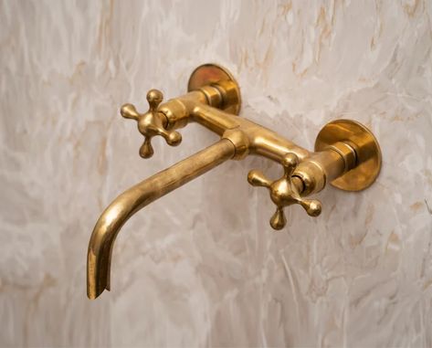 Unlacquered Brass Bathroom, Limestone Sink, Brass Tub, Wall Mounted Bathroom Faucet, Brass Bathroom Faucets, Bathtub Remodel, Wall Mount Faucet Bathroom, Brass Sink, Vanity Faucet