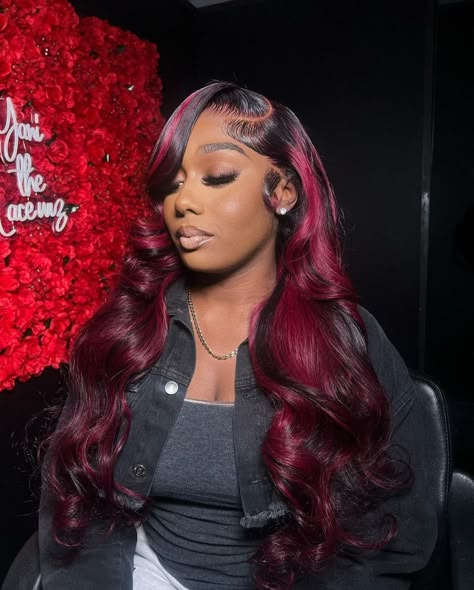 Burgundy Wigs On Dark Skin, Burgundy Deep Wave Wig Hairstyles, Water Wave Burgundy Wig, Burgundy Loose Deep Wave Wig, Dark Maroon Hair, Burgundy Lace Front Wig Body Wave, Burgundy Wig, Pretty Wigs, Burgundy Highlights