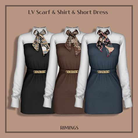 [RIMINGS] LV Scarf & Shirt & Short Dress | RIMINGS on Patreon Sims 4 Scarf, Channel Clothes, Lv Clothes, Sim4 Cc, Lv Scarf, Feminine Clothes, Sims Clothes, Ideal Closet, The Sims 4 Packs