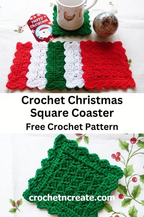 Free crochet Christmas square coaster pattern from crochet 'n' create. Free easy-to-follow pattern. Crochet Patterns Fast, Christmas Crochet Coasters, Holiday Crochet Patterns Free, Square Crochet Coasters, Christmas Crochet Projects, Crochet Christmas Coasters, Easy Christmas Crochet, Christmas Crochet Ideas, Crochet Seasonal