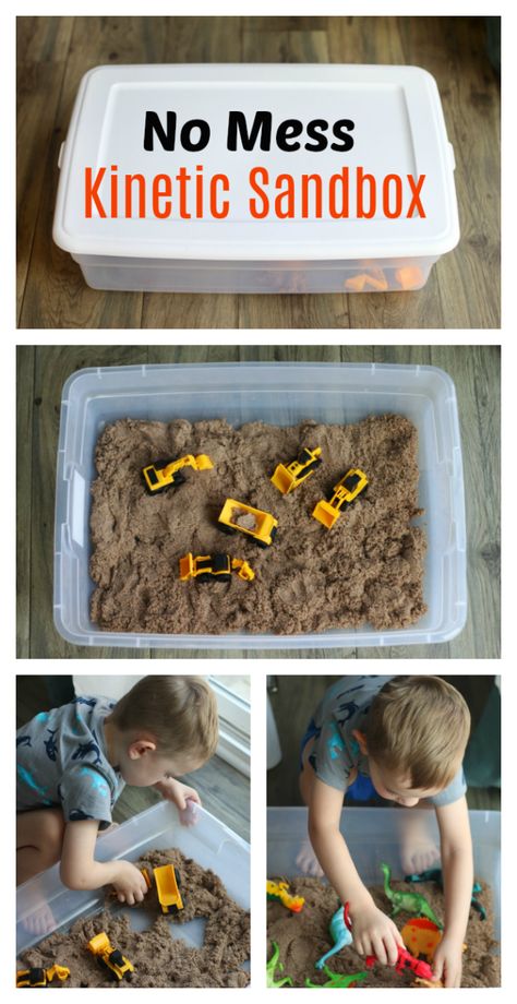 The ultimate toddler mom hack! Fill a tote with kinetic sand, mini dump trucks or dinosaurs for hours of inside sensory play! Kinetic Sand Box, Kinetic Sand Table, Indoor Sandbox, Toddler Sandbox, Cute Diy Ideas, Diy Kinetic Sand, Diy Sandbox, Kids Sandbox, 3 Cake