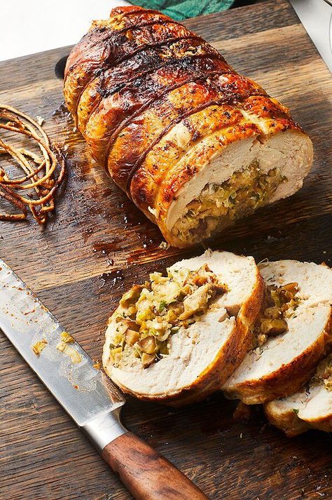 This traditional French dish is delicious, impressive meal for when you are up for an extra challenge. We’re not going to lie—deboning a chicken and rolling it into a ballotine takes time and skill. Our recommendation: get your butcher to debone the bird, then you can stuff and roll it. #dinner #dinnerideas #supperideas #dinnerrecipes #healthydinnerideas #healthydinnerrecipes #healthyrecipes Chicken Ballotine Recipe, Chicken Ballotine, Bacon Wrapped Stuffed Chicken, Chestnut Stuffing, Apples And Cheese, French Dishes, Chicken Cutlets, Turkey Breast, Bacon Wrapped