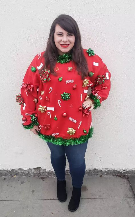 DIY Ugly Christmas Sweater Easy Diy Ugly Christmas Sweater, Easy Ugly Christmas Sweater, Creative Ugly Christmas Sweater, Ugliest Christmas Sweater, Making Ugly Christmas Sweaters, Ugliest Christmas Sweater Ever, Homemade Ugly Christmas Sweater, Diy Christmas Sweater, Christmas Sweater Outfits