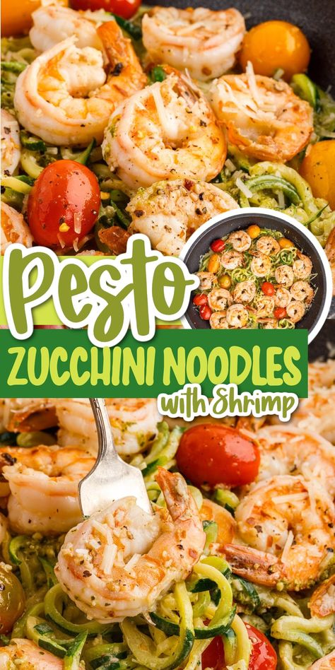 Your taste buds are going to love the tender zucchini noodles coated in a from scratch pesto sauce, and topped with the most tender shrimp. This healthy meal is ready in less than 1 hour with only a few minutes of hands-on cook time. Zucchini Noodles And Shrimp, Paleo Pescatarian, Shrimp Noodles Recipes, Noodles With Shrimp, Zucchini Noodles With Pesto, Pesto Zucchini, Shrimp Zucchini Noodles, Pesto Zoodles, Gnocchi Recipes Homemade