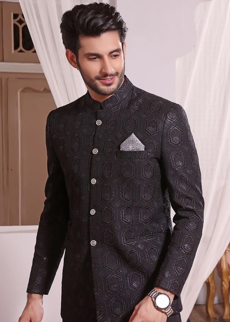 Include: Fancy Prince Coat Fabric: Banarsi Color: Black Work Technique: Embroidered Description: Men Formal Prince Coat with Banarsi Base and Computer Embroidery This is a 1 piece stitched outfit. Disclaimer: The color of the outfit may vary due to lightening effect of photography Black Prince Coat, Prince Coat, Computer Embroidery, Men Formal, Photography Pricing, Fashion Consultant, Black Fabric, Chef's Jackets, Prince