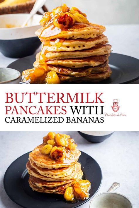 Delicious fluffy buttermilk pancakes with caramelized bananas on top. An easy and elevated take on classic banana pancakes! Banana Chocolate Recipes, Best Buttermilk Pancakes, Classic Scones Recipe, Bananas Recipe, Fluffy Buttermilk Pancakes, Easy Cinnamon Rolls Recipe, Caramelized Banana, Sweet Breakfast Treats, Brunch Bread