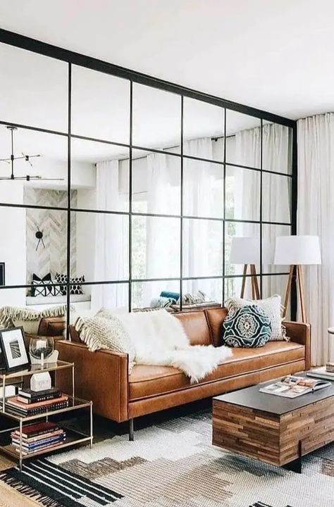 10 Ways to Make a Room Look Bigger With Mirrors  - Bark and Chase Modern Family Rooms, Industrial Livingroom, Interior Wall Design, Living Room Mirrors, Living Room Diy, Contemporary Living Room, Ideas Living, Small Living Room, Contemporary Living