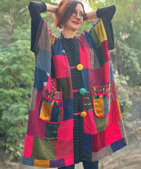 Madame Hall on Instagram: "We’ve made another one of these kaftan coats, and it’s absolutely lovely. It’s really soft and fluid, drapes beautifully and is an ideal lightweight duster for mild days. The colorful patchwork quilting was done by Ami, Vilayat did the pocket embroidery and it’s been sewn, to perfection by Sandeep. #colorfullife #artwear #kaftanexclusive #uniqueclothing #lovecolor #brightandcolourful #https://madamehall.etsy.com/listing/1611893972" Japanese Style Clothing, Reworked Clothes, Unusual Clothes, Etsy Clothes, Shweshwe Dresses, Patchwork Clothes, Pocket Embroidery, Quilted Clothes, Upcycle Sewing