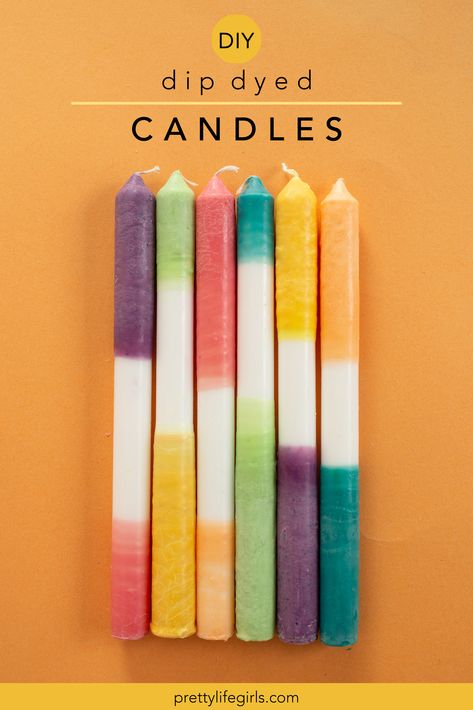 DIY Dip Dye Candles Tutorial - The Pretty Life Girls | The idea for these DIY Dip Dye Candles came about because we had a bunch of left over wax from other candle projects we made and wanted to find a way to use it up. So, I scoured Pinterest and found a bunch of pretty dipped color blocked candles. To make them, you start with white taper candles, then dip them in colored wax! You can do this by making your own colored wax from flakes and candle dye, or you can melt down colored taper candles. How To Make Tie Dye Candles, Dip Dyed Candles, Diy Dipped Candles, Hand Dipped Candles Diy, Dip Dye Candles Diy, Diy Candle Dipping, How To Dye Candles, Taper Candle Decorating Ideas, Easter Candles Diy