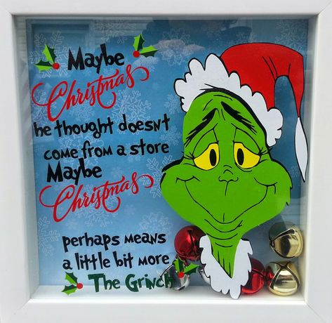 Grinch Christmas Shadow Box - Gift by A Box Is Coming - Robin Morris - Using Vinyl - Grinch Design by Krafty Nook Grinch Shadow Box Ideas, Shadow Box Christmas Ideas, Cricut Shadow Box Ideas, Shadow Box Gifts, Glass Block Crafts, Cricut Christmas Ideas, Diy Shadow Box, Christmas Shadow Boxes, Grinch Christmas Decorations