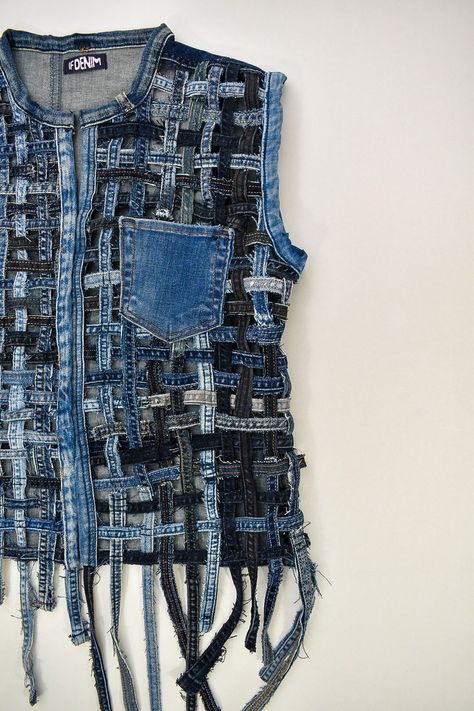 IF DENIM | Sustainable Woven Body Vest S Surface Development, Upcycled Linens, Mending Jeans, Junk Kouture, Flash Boys, Women Vests, Artisanats Denim, Refashioned Clothing, Ropa Upcycling