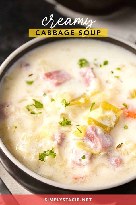 Creamy Cabbage Soup - Hearty and comforting! This delicious and easy soup recipe is loaded with tender cabbage, carrots, celery, ham and spices. Yum! Creamy Cabbage Soup Recipe, Creamy Cabbage Soup, Cabbage Soup Crockpot, Cabbage Soup Diet Plan, Creamy Cabbage, Ham And Cabbage Soup, Cabbage Soup Diet Recipe, Easy Soup Recipe, Cabbage Roll Soup