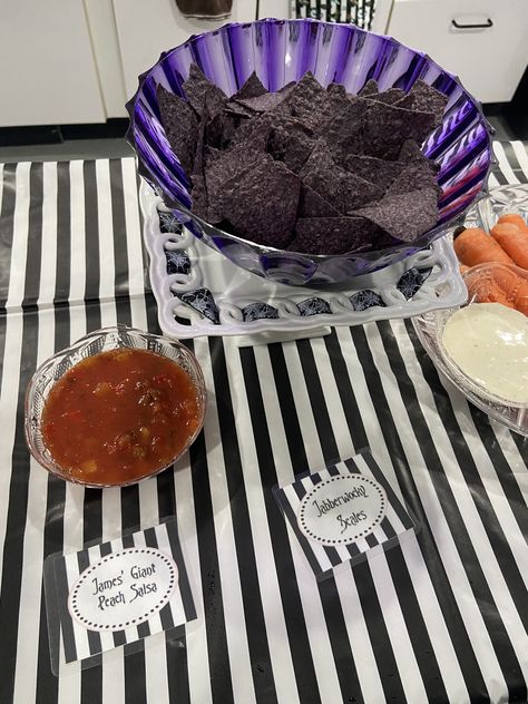 Tim Burton Desserts, Tim Burton Themed Party Food, Tim Burton Food Ideas, Tim Burton Food, Corpse Bride Party, Tim Burton Party, James And Giant Peach, Blue Corn Chips, Peach Salsa