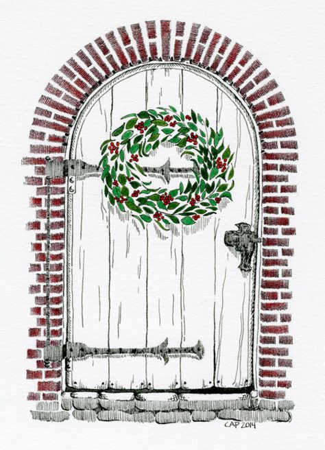 Christmas Door Watercolor, Christmas Door Drawing, Christmas Door Illustration, Door Paintings, January Bujo, Door Drawing, Pinterest Christmas Crafts, Diy Christmas Door Decorations, Diy Christmas Door