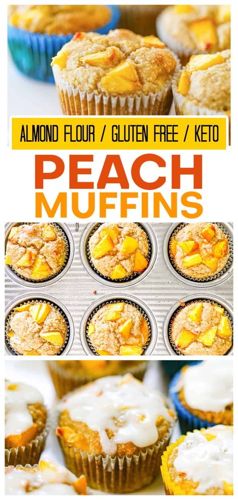 GF Southern Peaches and Cream Muffins - These GF Southern Peaches and Cream Muffins are worthy of praise. Simple, tasty, ultra-moist almond flour muffins with tangy, sweet peaches in each yummy, delicious bite topped with a vanilla cream glaze. Peach Brunch Recipes, Peach Muffins With Cream Cheese, Cottage Cheese Almond Flour Muffins, Peach Almond Flour Recipes, Peaches And Cream Muffins Recipe, Keto Peach Muffins, Fresh Peach Muffins Easy, Gf Peach Muffins, Peach Protein Muffins