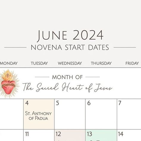 Novena Cards on Instagram: "Happy month of the Sacred Heart!!! ❤️🔥 Which novena(s) are you going to pray? Share in the comments so I know which novenas would be helpful to post in the stories this month.

Ready to make your novena prayer plans? 🙋🏻‍♀️✅ 

Here is the JUNE calendar of novena START dates to help you plan your novena prayers for this month! If you start a novena on these dates, you will end on the vigil of the feast day. 

See our stories daily or the Novena Finder on our website for the novena prayers.

✏️📆🙏Happy planning! 

#novenacards #liveliturgically #prayforus #catholicwomen #catholicsaints #catholicprayer #orapronobis #feastday #familydevotions #domesticchurch  #liturgicalliving #catholicsaintoftheday #catholicmom" June Calendar, Novena Prayers, Family Devotions, Catholic Women, The Sacred Heart, Pray For Us, Sacred Heart, Dates, I Know