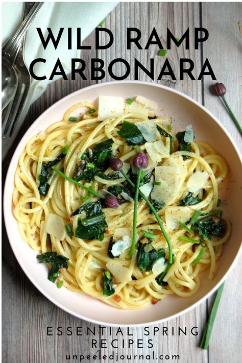 bowl of spring ramps pasta carbonara how to cook ramps Ramp Pasta Recipes, Ramp Pasta, Ramps Recipe, Ramp Recipes, Wild Leeks, Pickled Ramps, Ramp Pesto, Classic Italian Meatballs, Wild Ramps