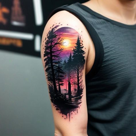 Fall Scene Tattoo, City And Colour Tattoo, Sunset Tattoo Ideas, Tree Silhouette Tattoo, Sky Tattoo, Sunset Tattoo, Sky Tattoos, Steampunk Tattoo, Scene Tattoo