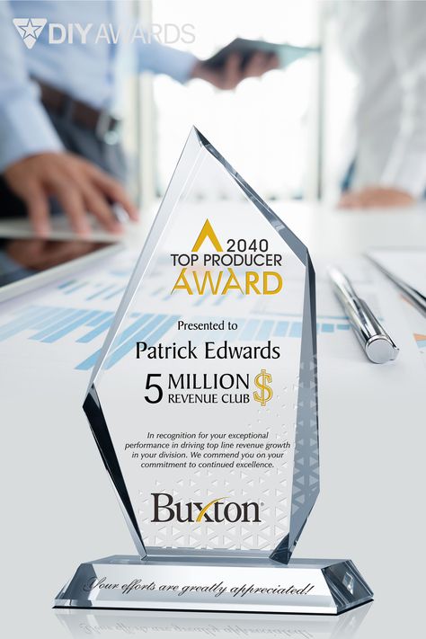 Are you brainstorming a productive way to reward the top performers on your sales team? When your company relies on sales to thrive, employees with the most follow-through are crucial to your success. Rewarding high sales means sales will continue to climb, so encourage your employees by offering top seller awards. Top Sales Award Poster, Company Awards Ideas, Award Poster, Employee Recognition Awards, Crystal Trophy, Employee Awards, Award Plaques, Award Trophy, Plaque Design