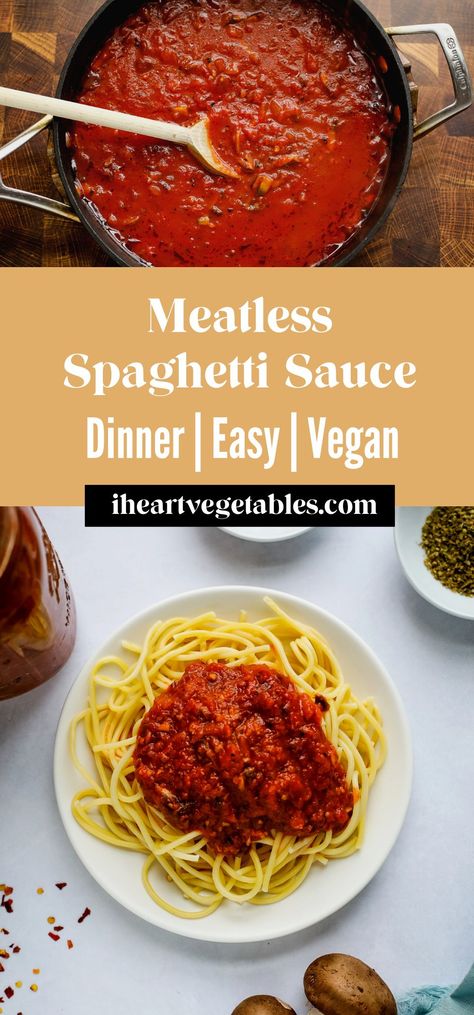 This delicious meatless spaghetti sauce uses mushrooms for a hearty texture that is completely vegetarian! This freezer-friendly sauce is delicious on your favorite pasta. #dinner #simple #wholesome Meatless Pasta Sauce Recipes, Spaghetti Sauce With Mushrooms, Meatless Spaghetti Sauce Recipe, Vegetarian Spaghetti Sauce, Meatless Spaghetti Sauce, Vegan Spaghetti Sauce, Meatless Spaghetti, Mushroom Spaghetti Sauce, Vegetarian Pasta Sauce