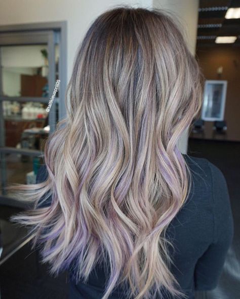 Ash Blonde With Purple Peekaboo, Balayage With Purple Highlights, Light Brown Hair With Blonde And Purple Highlights, Subtle Blue Highlights In Blonde Hair, Light Purple Hair Balayage, Blonde Hair With Blue And Purple, Blonde Fun Hair Color, Blonde With Peekaboo Color Purple, Orchid Blonde Hair