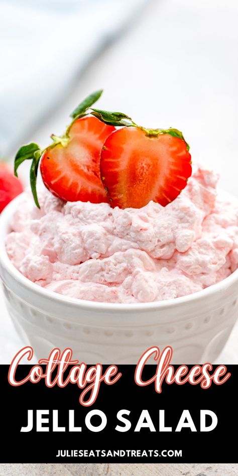 This light, fluffy, and creamy cottage cheese Jell-O salad is a classic Midwestern dish. Made with a combination of cottage cheese, strawberry Jell-O, crushed pineapple, and Cool Whip, it's a favorite for potlucks, backyard BBQs, reunions, and holidays. Cottage Cheese Jello Salad, Jello Cottage Cheese, Jello Cottage Cheese Salad, Cottage Cheese Jello, Strawberry Cottage Cheese, Strawberry Jello Salad, Cottage Cheese Dessert, Cottage Cheese Dessert Recipes, Cheese Dessert Recipes