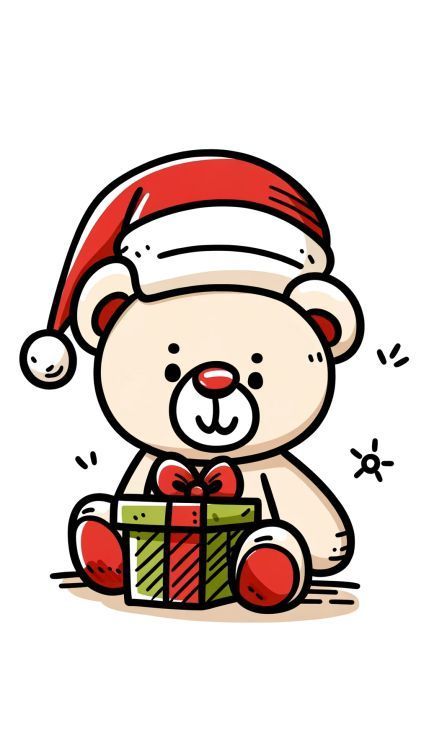 Create an image of a cuddly teddy bear wearing a Santa hat, holding a wrapped Christmas gift with a bow. The bear should have a soft, plush appearance with gentle lines and a warm, smiling face. Include small accent details like festive sparkles or stars around the bear to enhance the cheerful mood, all set against a clean white background for a heartwarming Christmas teddy bear card. Christmas Card Drawing Ideas, Christmas Card Drawing, Card Drawing Ideas, Teddy Bear Card, Christmas Drawing Ideas, Polar Bear Card, Santa Cartoon, Christmas Cards Drawing, Teddy Bear Drawing