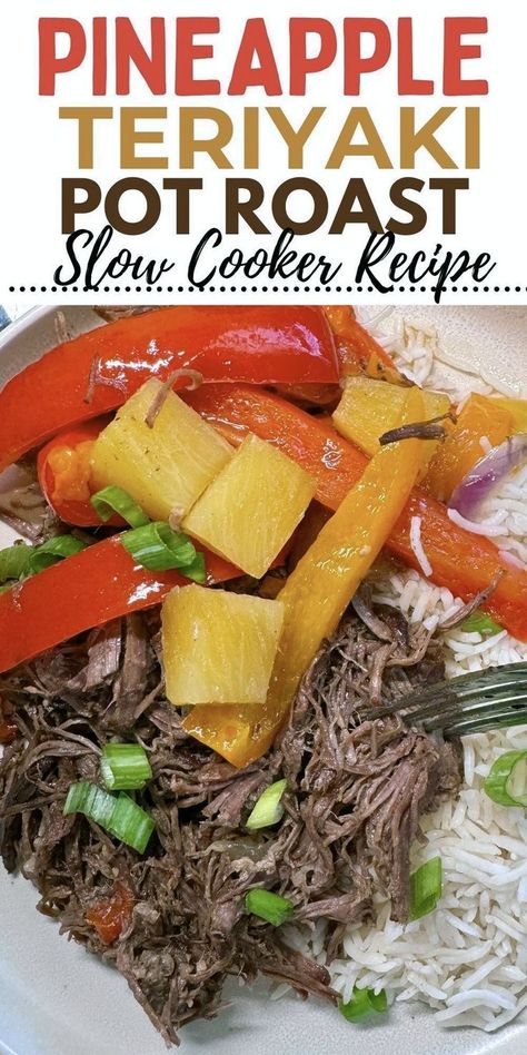 This Slow Cooker Pineapple Teriyaki Pot Roast is a delicious fusion of savory and sweet flavors that is a delicious twist on traditional pot roast. Tender chuck roast is slow-cooked with fresh pineapple, bell peppers, and a tangy teriyaki sauce, creating a juicy, beef dinner. Perfect for weeknight dinners or meal prep, this dish is easy to make and pairs well with rice or your favorite side! Traditional Pot Roast, Tender Chuck Roast, Pineapple Teriyaki, Roasted Pineapple, Slow Cooker Teriyaki, Slow Cooker Roast, Slow Cooked Beef, Fresh Pineapple, Chuck Roast