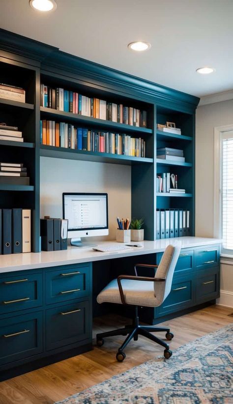 21 Amazing Built In Office Desk And Cabinets Ideas - Work Well Remote Navy Built Ins Office, Diy Home Office Bookshelves, Built In Bookshelves With Desk Diy, Wall Unit With Desk Built In, Office Design With Bookshelves, Modern Farmhouse Office Built Ins, Desk In Bookshelf Wall, Office Desk With Built-in Storage Ideas, Built In Study Area