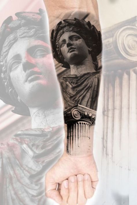 Full Tattoo Sleeve, Greek Statue Tattoo, Greek Tattoo Design, Greek Goddess Tattoo, Roman Tattoo, Atlas Tattoo, Left Arm Tattoos, Half Sleeve Tattoos Forearm, Full Tattoo