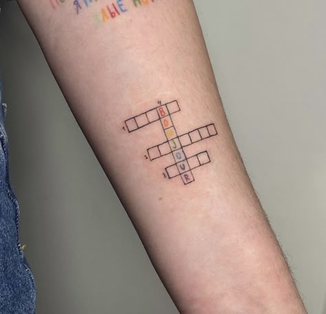 Crossword Tattoo Ideas, Crossword Puzzle Tattoo, Scrabble Letter Tattoo, Cross Patchwork Tattoo, Crossword Tattoo, Krzyzyk Tattoo, Puzzle Tattoos, Blue Tattoo, Under My Skin