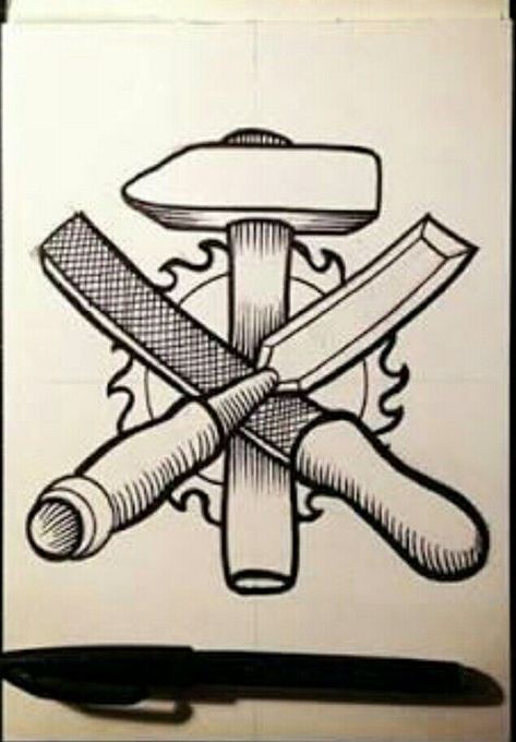 Hammer Tattoo Carpenter, Carpentry Tattoo, Woodworking Tattoo Ideas, Wrench Tattoo, Hammer Tattoo, Chef Tattoo, Album Artwork Cover Art, Door Design Photos, Church Logo