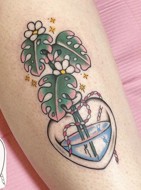 Small Girly Traditional Tattoo, Plant Shelf Tattoo, Pink Sleeve Tattoo, Potted Plant Tattoo, Traditional Plant Tattoo, Tattoo Claims, Emily Tattoo, American Classic Tattoo, Dreams Tattoo