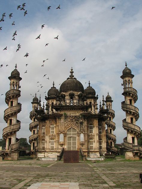 Mohabbat Maqabara, Junagadh, Gujarat, India is a Nawabs royal palace-mausoleum of the late 19th century, a mixture of Indo-Islamic and Gothic architecture.  It is considered a masterpiece of its kind.  by caywinoo. OMG is this place real?! Dark Building, Horror Castle, Dark Architecture, Building Architecture, Victorian Architecture, Unique Buildings, Indian Architecture, Gothic Architecture, Bhutan